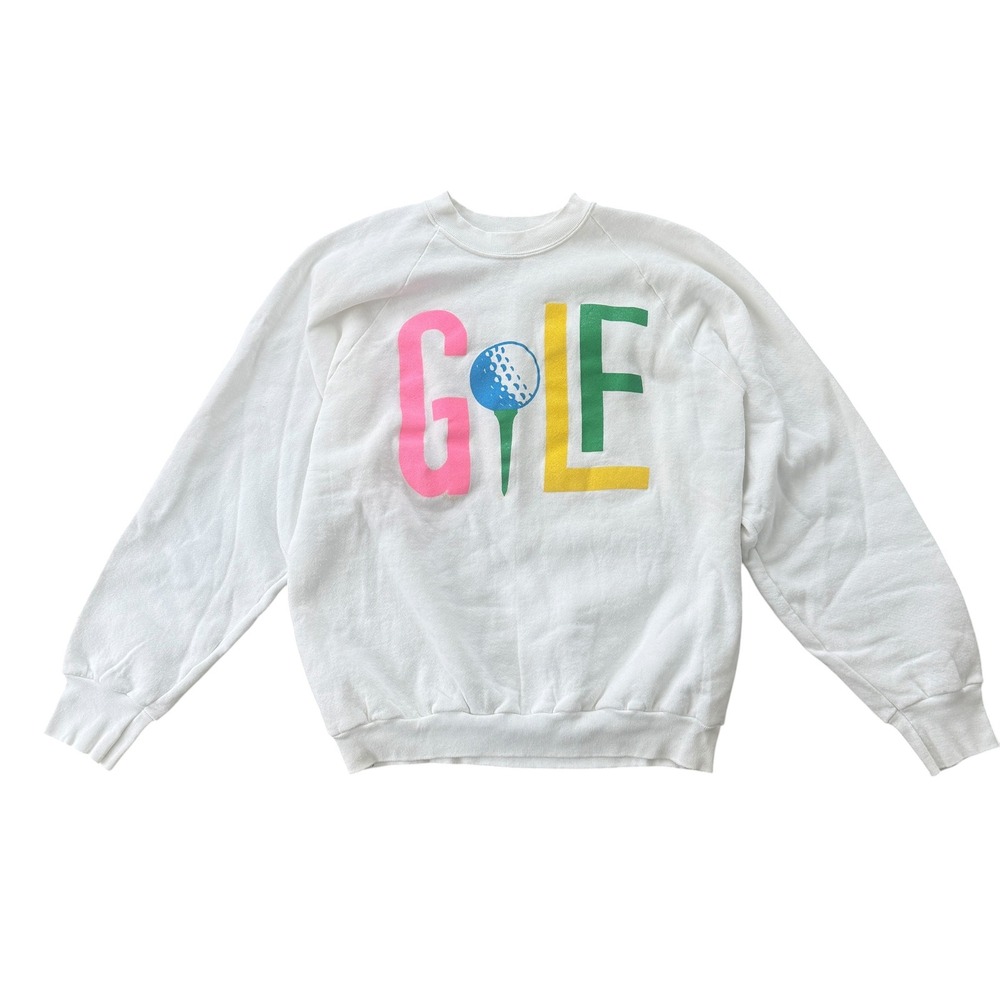 Fruit of the Loom Vintage 90s Golf Raglan Sweatshirt Graphic Large White Neon
